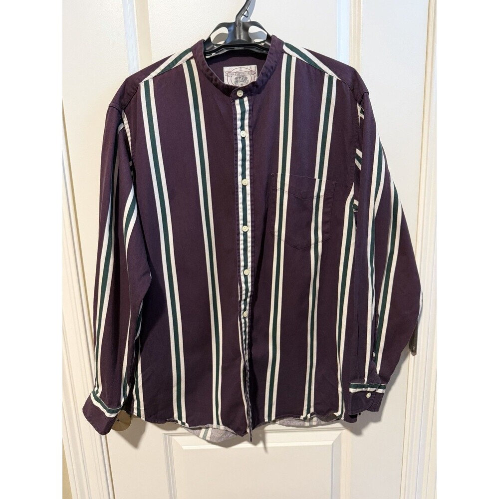 Vintage 90s John Ashford Sport Shirt Mens L Band Collar Striped Cotton